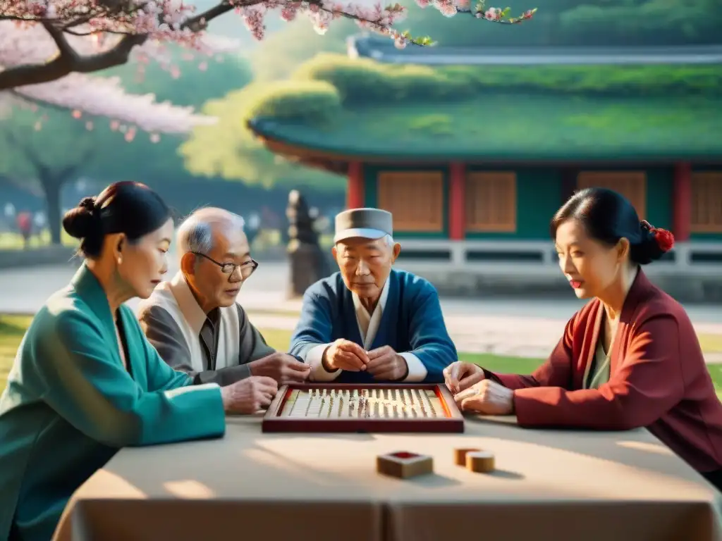 Un grupo de ancianos disfruta de un animado juego de Mahjong bajo un cerezo en flor