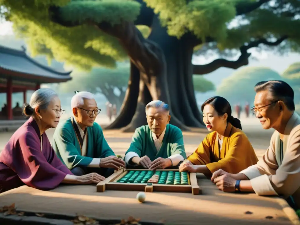 Un grupo de ancianos juega mahjong bajo un árbol centenario en un parque sereno, reflejando la historia de los juegos tradicionales asiáticos