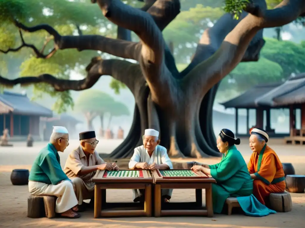 Un grupo de ancianos jugando mahjong bajo un árbol en un pueblo sereno del Sudeste Asiático