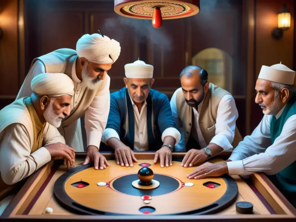 Un grupo de ancianos en atuendo tradicional del Medio Oriente juega Carrom, mostrando la historia del juego y su significancia cultural