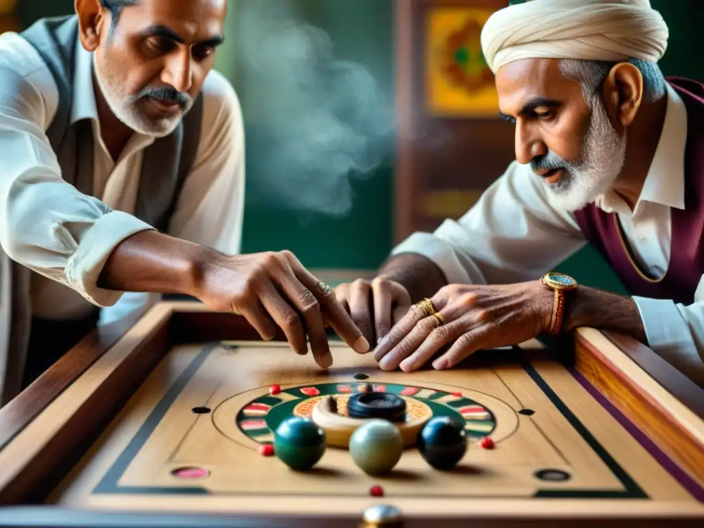 Un grupo de ancianos en atuendos tradicionales del Medio Oriente juegan Carrom con destreza, mostrando la historia del juego de Carrom en la región