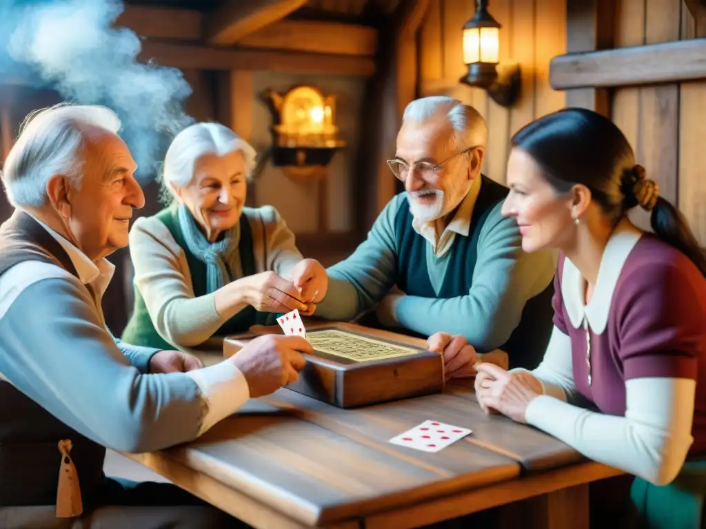 Un grupo de ancianos austriacos juega Schnapsen en una taberna tradicional, inmersos en la estrategia y la emoción