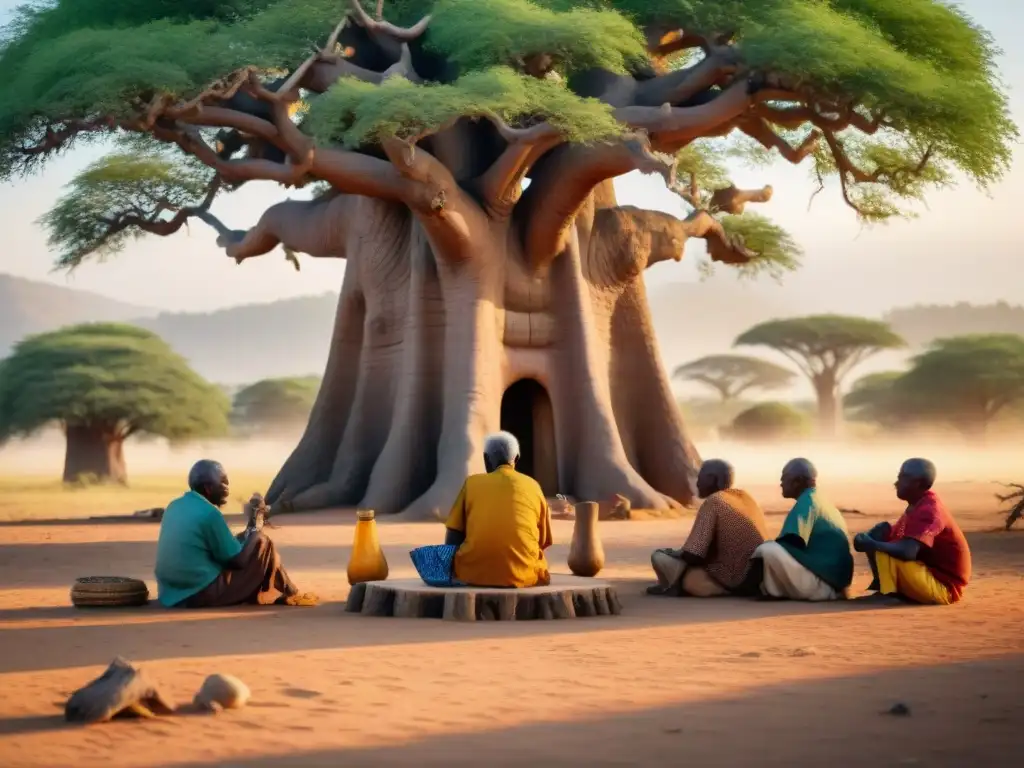 Un grupo de ancianos juega Oware bajo un baobab en una aldea africana, símbolo de juegos africanos estrategia tradicionales