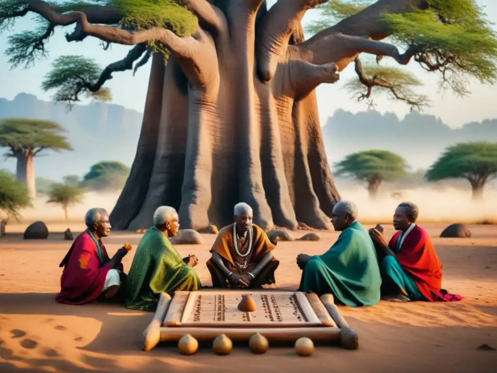 Un grupo de ancianos juega Oware bajo un baobab, en un escenario de tradición y sabiduría ancestral