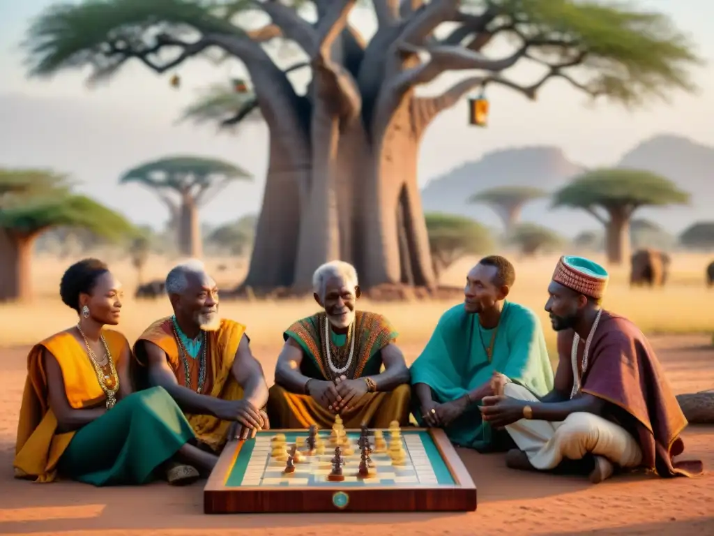 Un grupo de ancianos juega bajo un baobab en la sabana africana