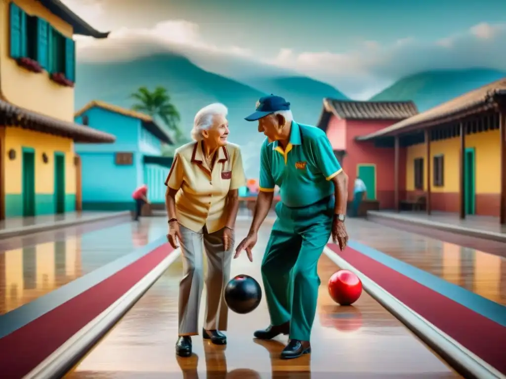 Grupo de ancianos jugando bolos con pasión en una plaza vibrante y colorida de América Latina, reflejando la historia del juego de bolos en la región