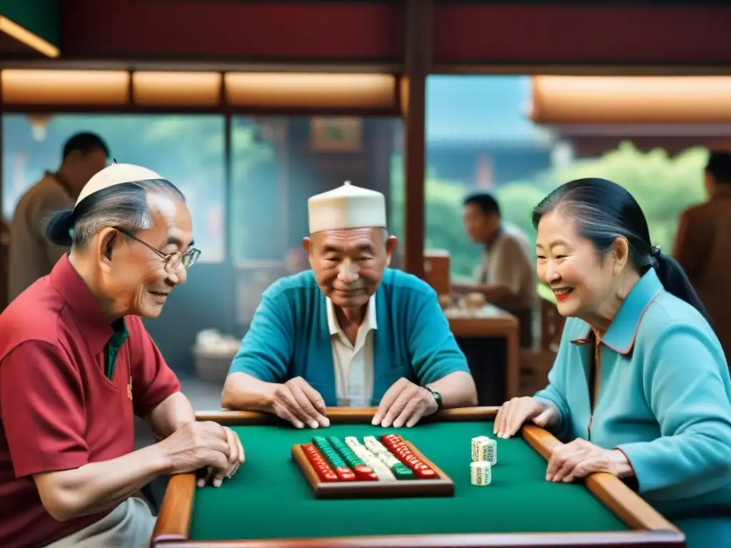 Un grupo de ancianos juega mahjong en un bullicioso mercado asiático, mostrando la evolución de juegos tradicionales en Asia ante la globalización