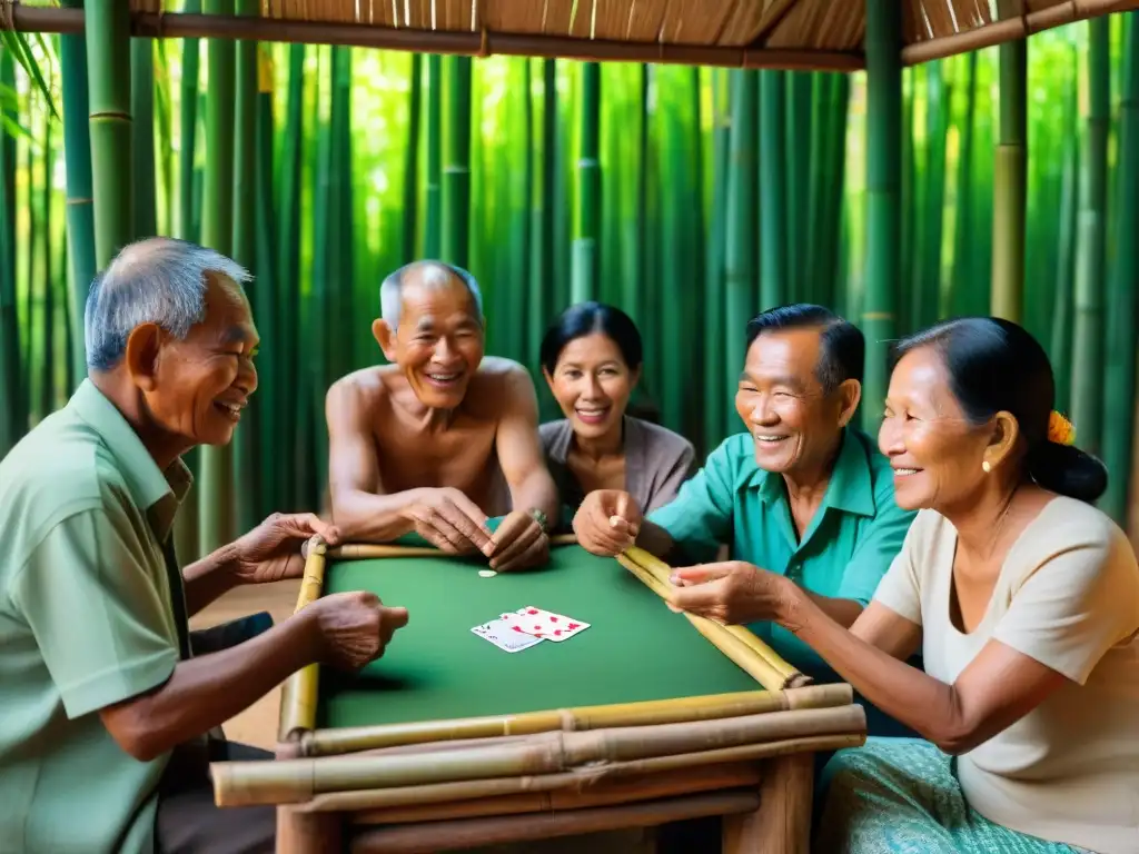 Grupo de ancianos camboyanos juegan apasionadamente juegos de cartas en una choza rústica