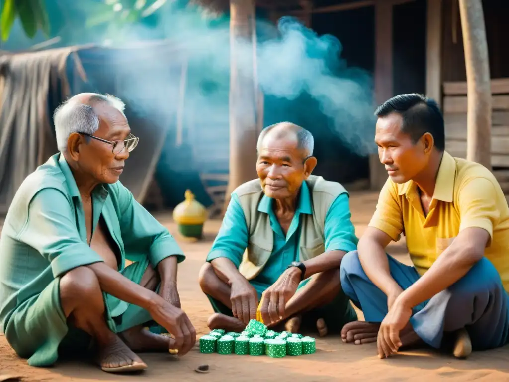 Grupo de ancianos camboyanos concentrados en un intenso juego de cartas en un bullicioso mercado