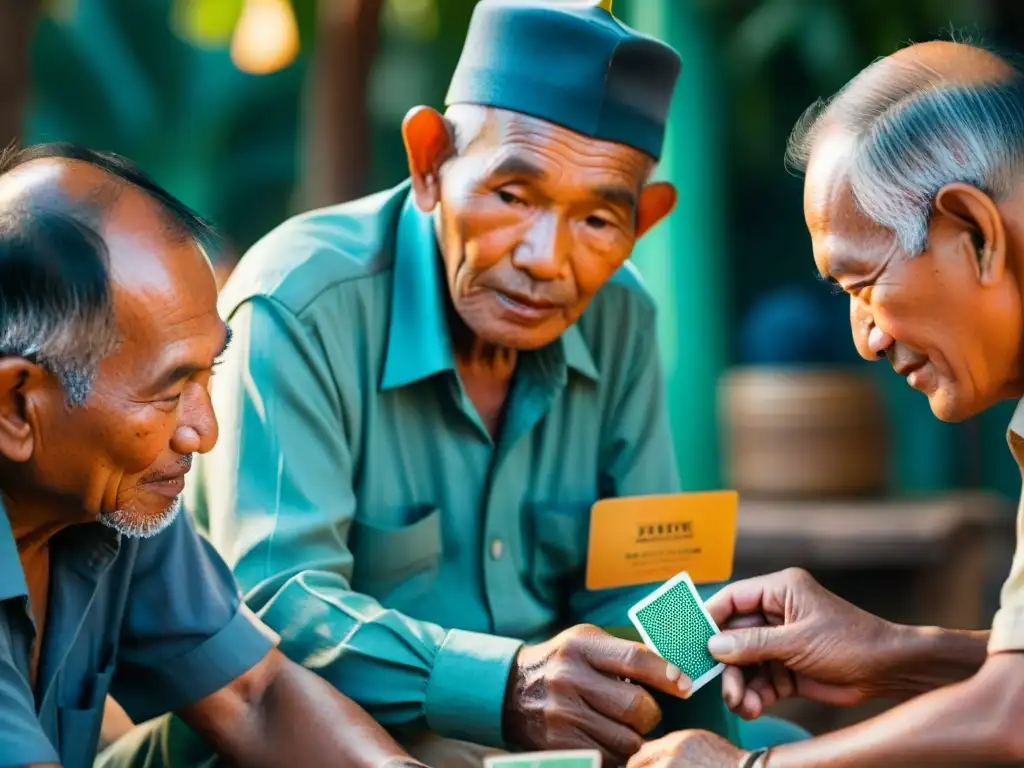 Grupo de ancianos camboyanos concentrados en juegos de cartas bajo un árbol tropical