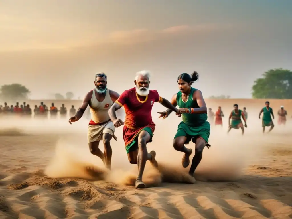 'Grupo de ancianos jugando Kabaddi en un campo rural, destacando la preservación de deportes autóctonos históricos