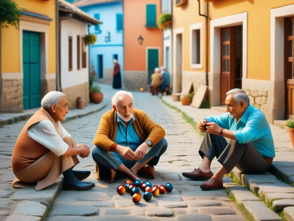 Un grupo de ancianos juega con canicas en la calle adoquinada de un pintoresco pueblo