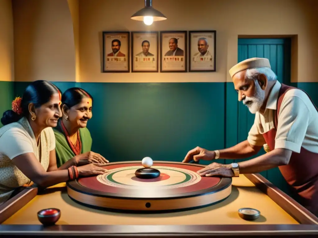 Un grupo de ancianos juega Carrom en una habitación nostálgica, reflejando la historia del juego de Carrom