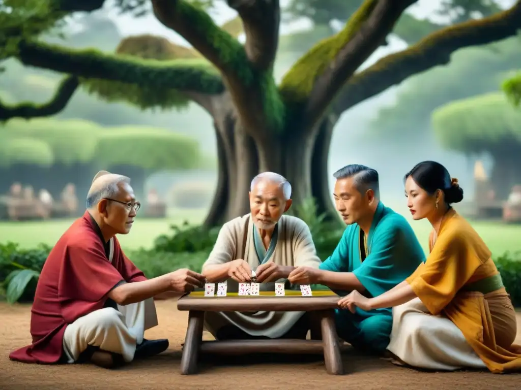 Un grupo de ancianos juega cartas bajo un árbol milenario en Asia, mostrando la historia y la popularidad de los juegos de cartas en la región