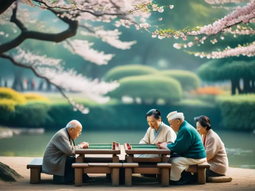 Un grupo de ancianos juega Mahjong bajo un cerezo en flor