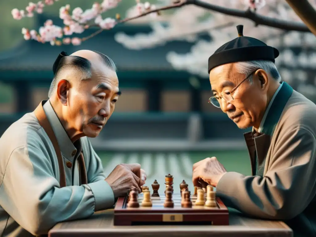 Grupo de ancianos chinos juegan ajedrez en parque con caligrafía china en pasatiempos