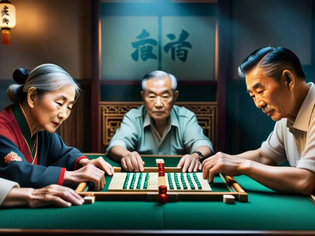 Un grupo de ancianos chinos juega Mahjong con concentración en un ambiente tradicional