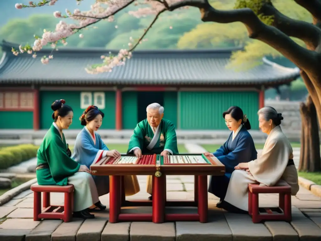 Un grupo de ancianos chinos juega mahjong bajo un cerezo en flor