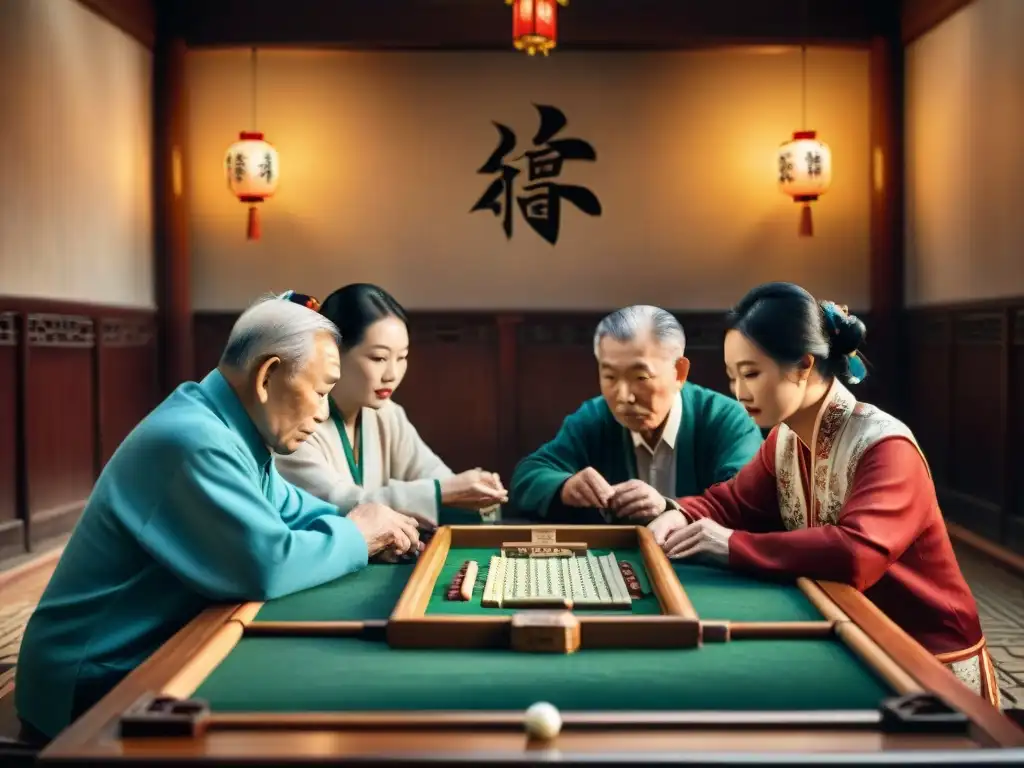 Grupo de ancianos chinos concentrados en una partida de Mahjong en un escenario tradicional, con elementos históricos y culturales