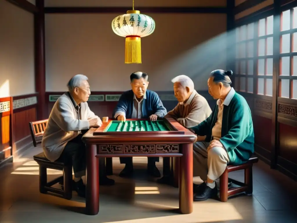 Un grupo de ancianos chinos juega mahjong en una mesa tallada, con luz solar iluminando sus rostros