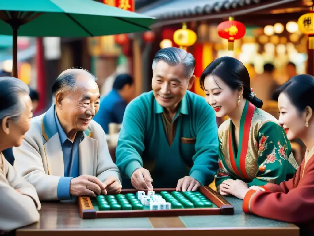 Un grupo de ancianos chinos y mujeres, vestidos con atuendos tradicionales, jugando mahjong en un animado mercado de Shanghai