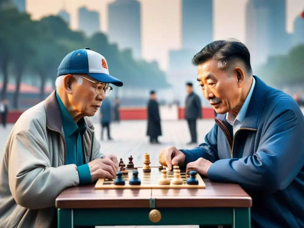 Un grupo de ancianos chinos juega al Xiangqi en un parque de Beijing, mostrando la historia y evolución de los juegos y culturas