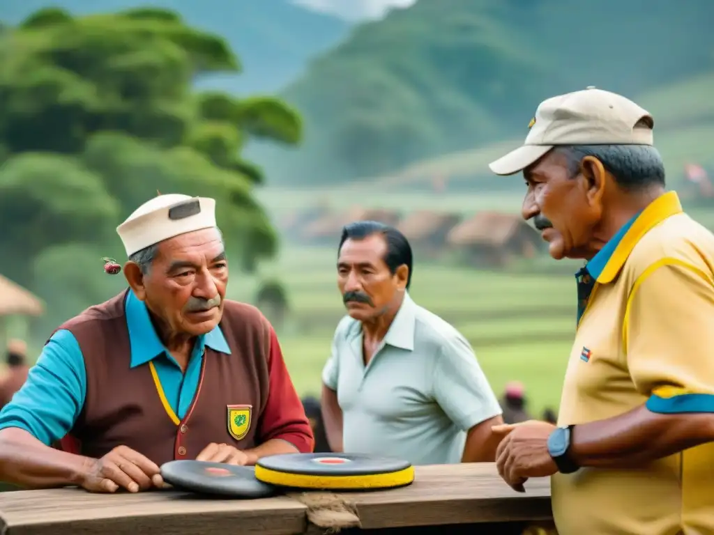 Grupo de ancianos colombianos juegan tejo con pasión en un escenario campestre