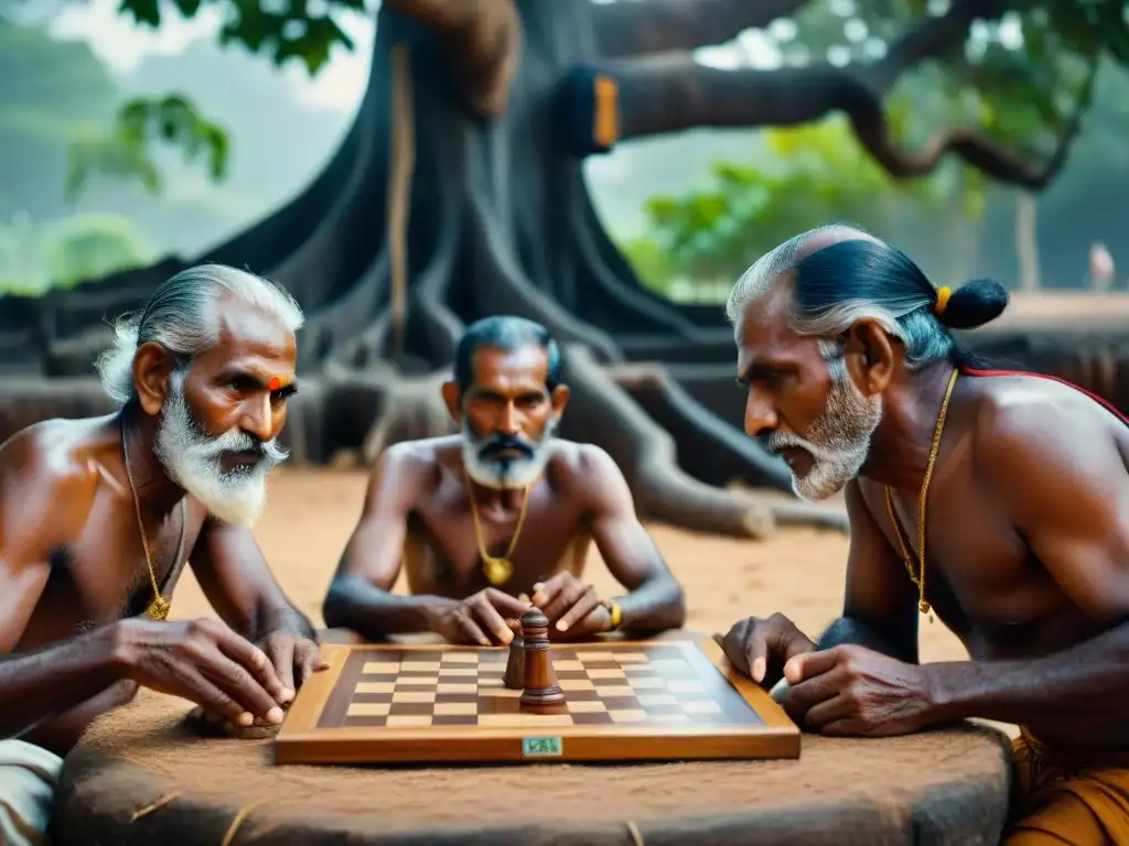 Un grupo de ancianos en Sri Lanka concentrados jugando Kilithattu bajo un árbol, mostrando tradición y destreza