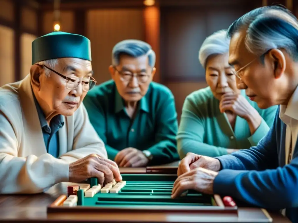 Intensa partida de Mahjong entre personas mayores Grupo de ancianos concentrados en el Mahjong, mostrando expresiones enfocadas y fichas detalladas