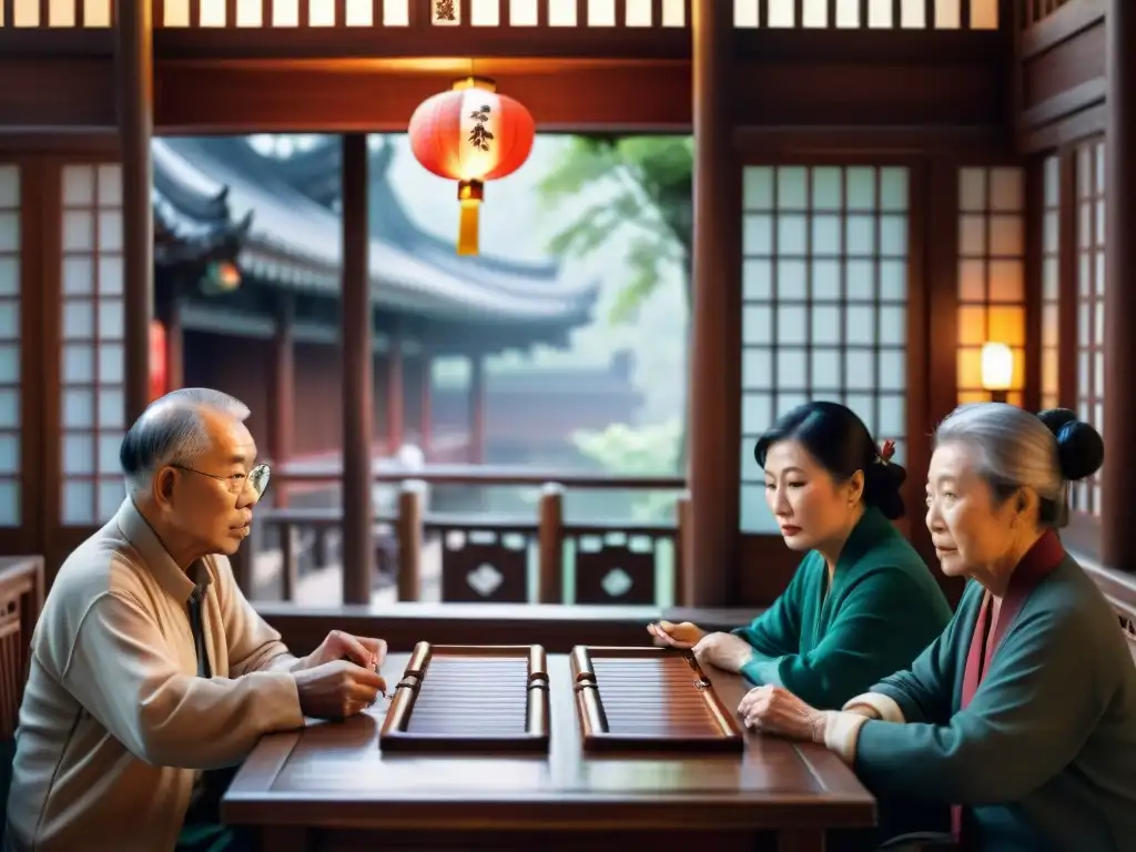 Un grupo de ancianos concentrados en un intenso juego de Mahjong en una bulliciosa casa de té en Shanghai, China