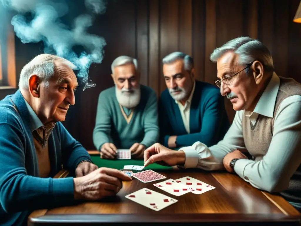 Grupo de ancianos en Europa del Este concentrados en un juego de cartas en una habitación ahumada, mostrando camaradería y tradición