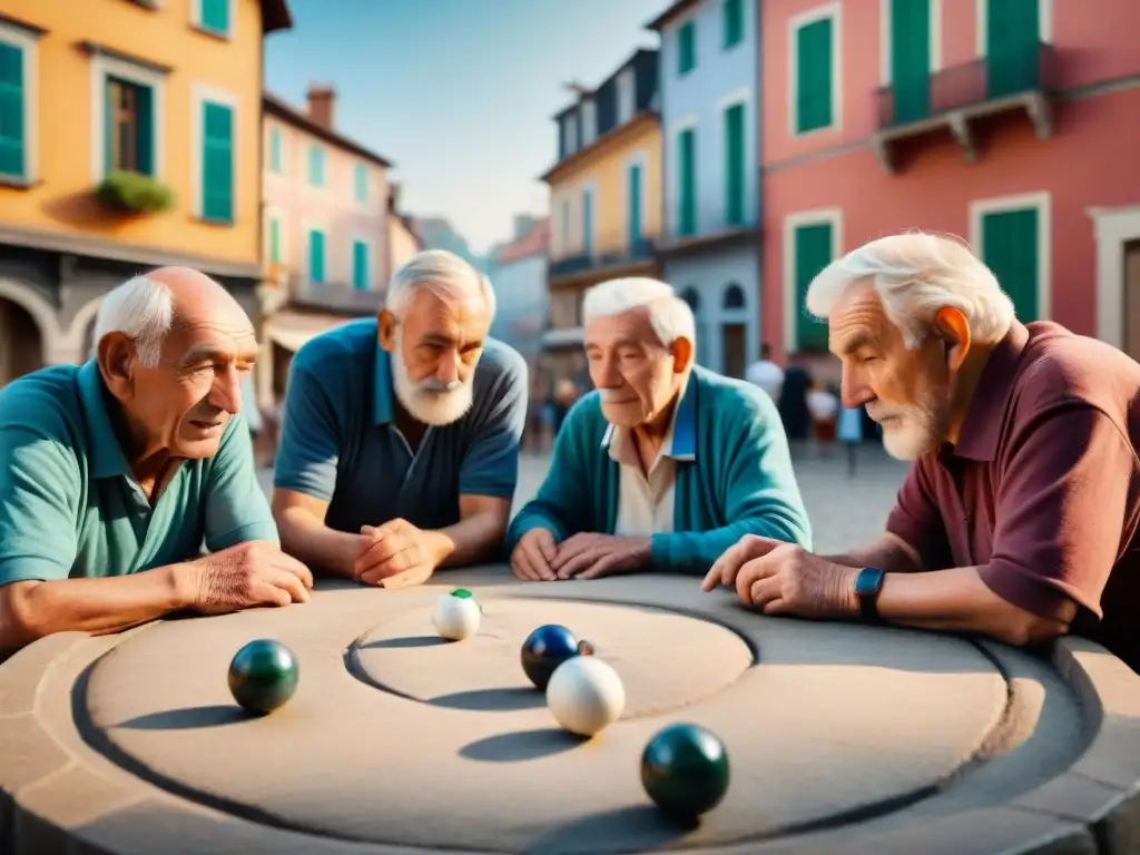 Un grupo de ancianos concentrados en un juego de canicas en la calle, mostrando años de camaradería