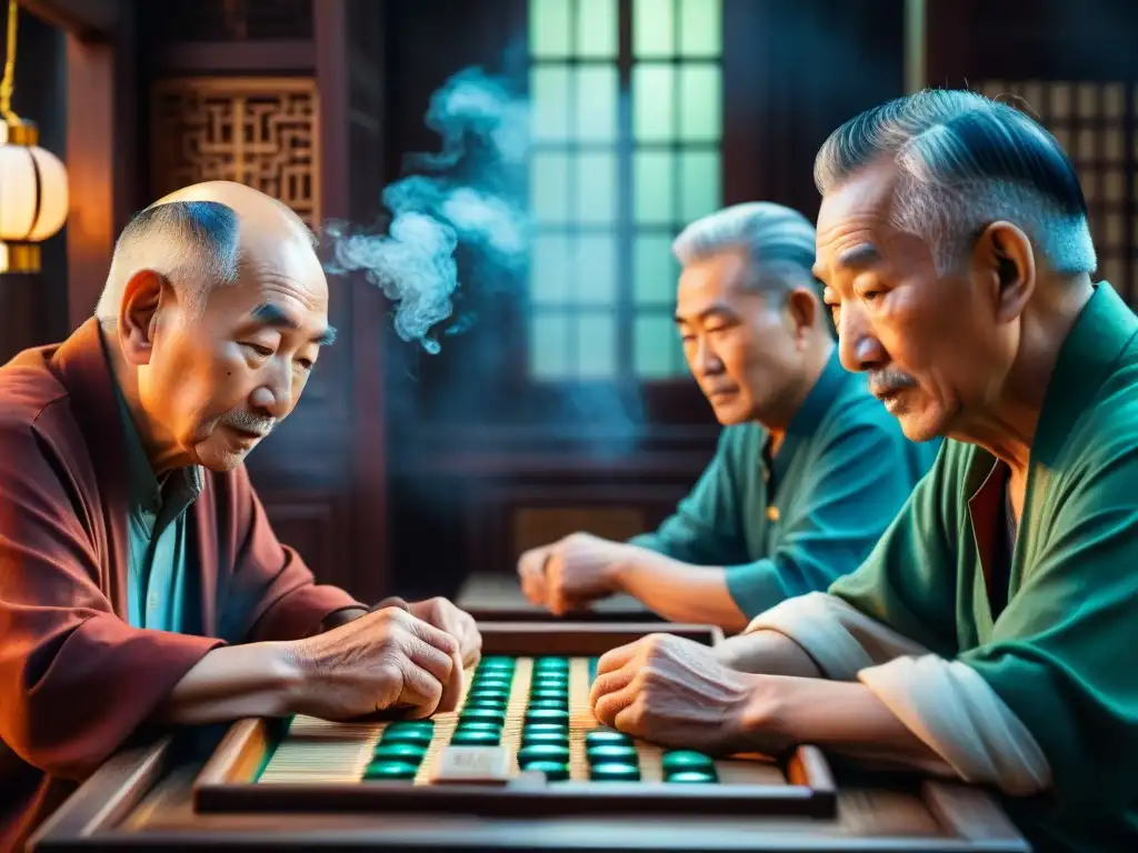 Un grupo de ancianos concentrados en una partida de Mahjong, un juego de cartas popular en Asia, en una habitación cálida iluminada por linternas