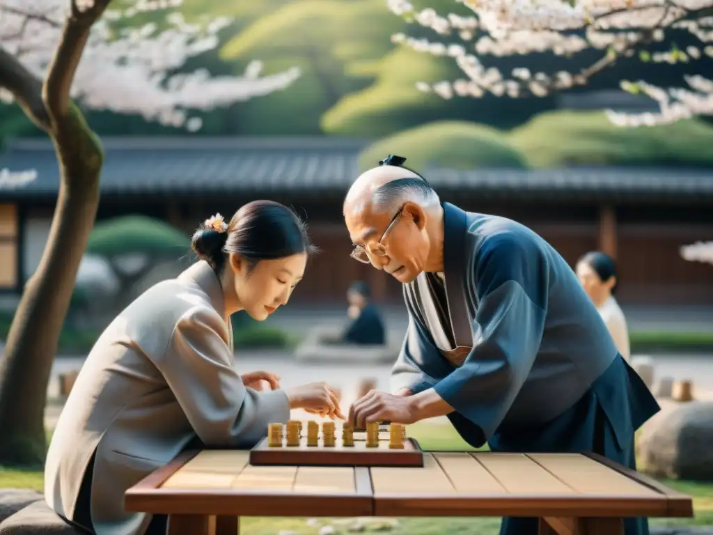 Un grupo de ancianos concentrados juega Shogi bajo un cerezo en un parque