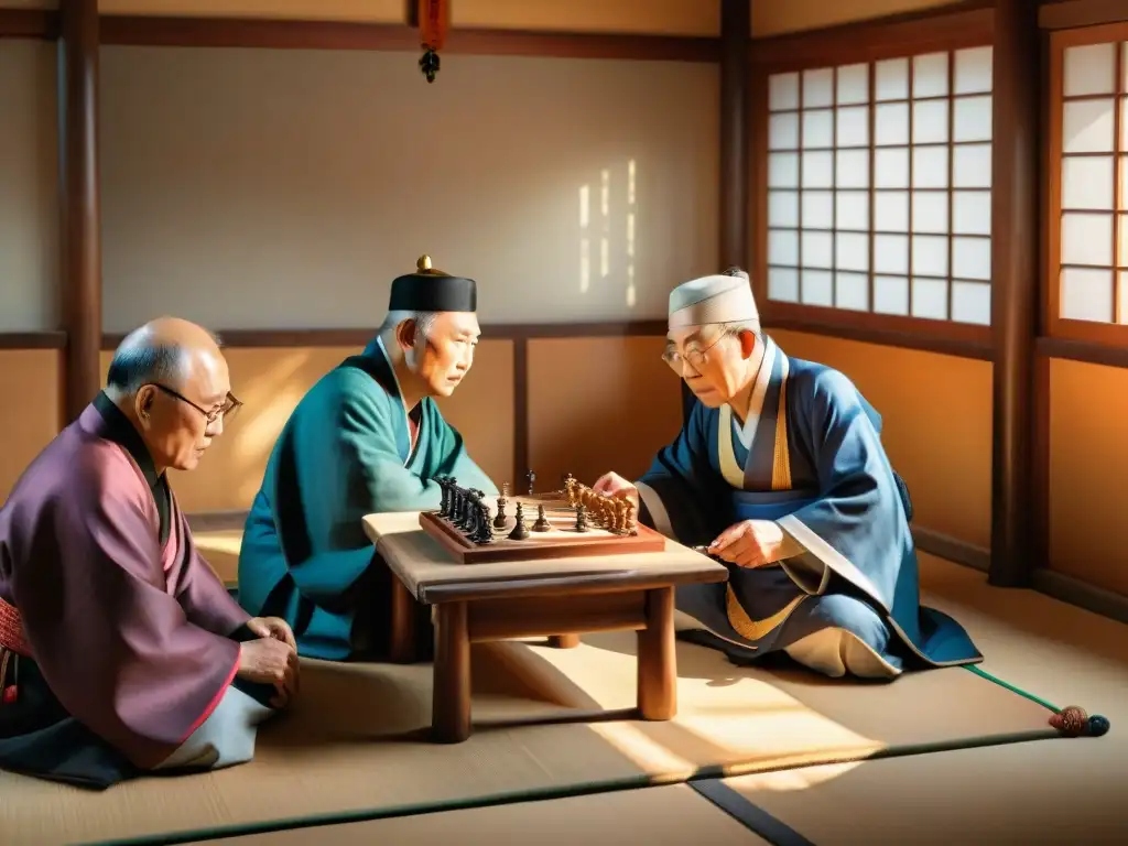 Un grupo de ancianos coreanos juega ajedrez coreano en un hanok tradicional, rodeados de artefactos históricos