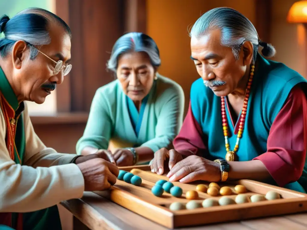 Grupo de ancianos de diferentes culturas jugando Mancala, resaltando la importancia de preservar juegos en peligro de extinción