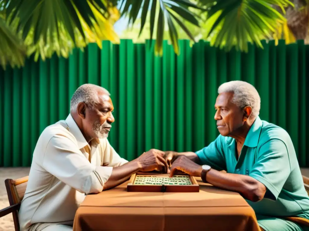 Un grupo de ancianos dominicanos juega dominó bajo una palmera real, rodeados de exuberante vegetación