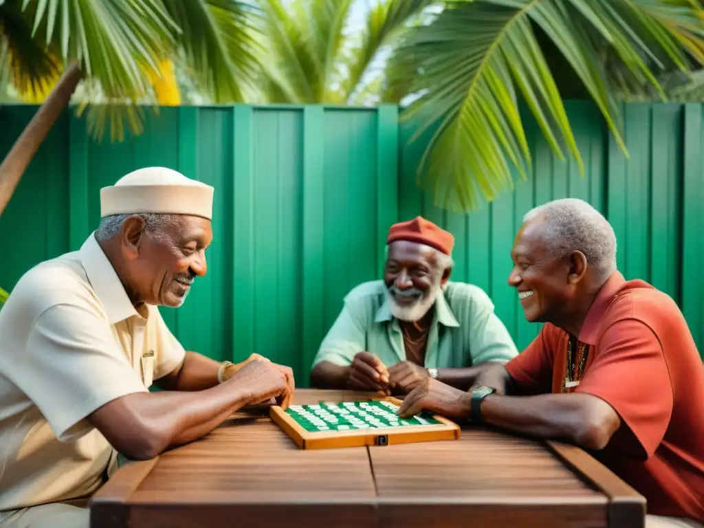 Un grupo de ancianos caribeños juega dominó bajo una palmera, en vibrantes colores, mostrando la historia del dominó en el Caribe