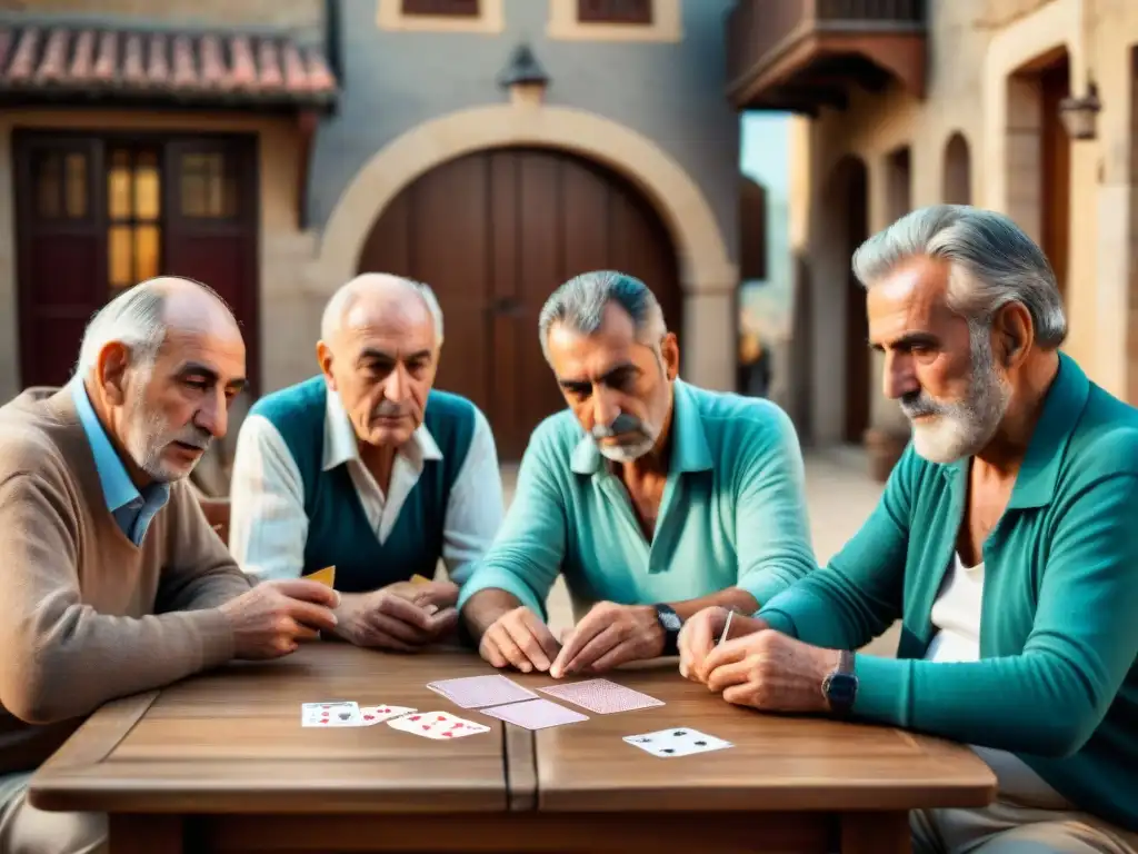 Un grupo de ancianos españoles juega Tute al aire libre, concentrados y unidos