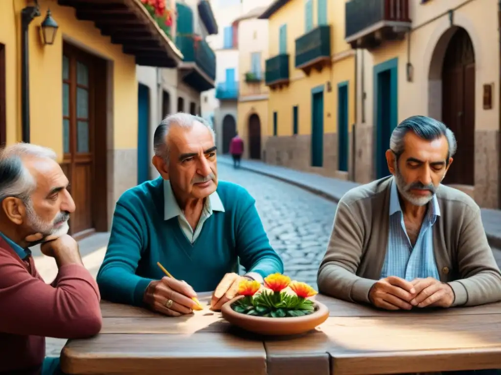 Un grupo de ancianos españoles juega al Tute en una calle empedrada, mostrando concentración y camaradería