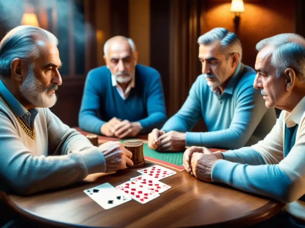 Grupo de ancianos españoles jugando al Tute en una sala acogedora, resaltando la intensidad y camaradería del juego