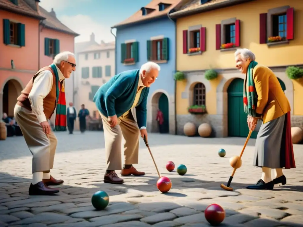 Grupo de ancianos europeos disfrutando de un animado juego de bocce en una plaza pintoresca