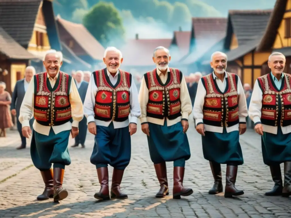 Un grupo de ancianos bailando con gracia y sabiduría en una plaza de pueblo del Este de Europa, en una celebración de historia y lucha tradicional