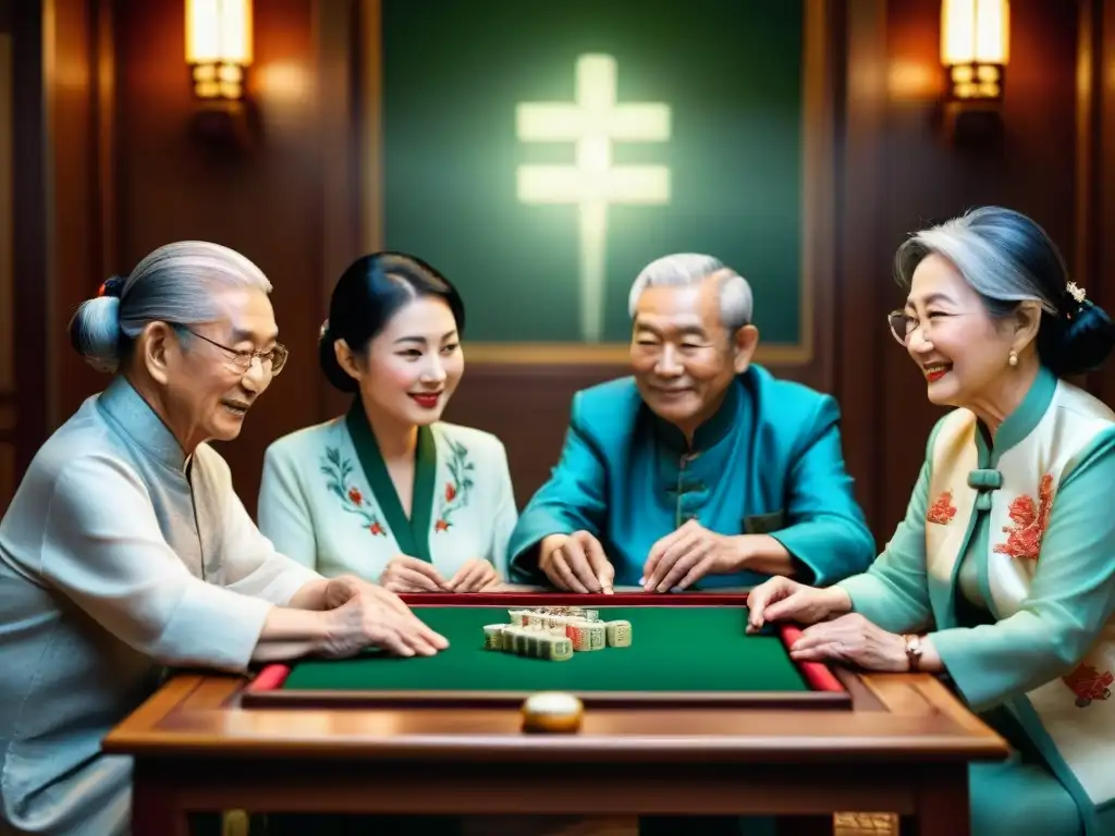 Grupo de ancianos jugando Mahjong en una habitación decorada con detalles chinos, reflejando la historia de juegos de cartas populares en Asia