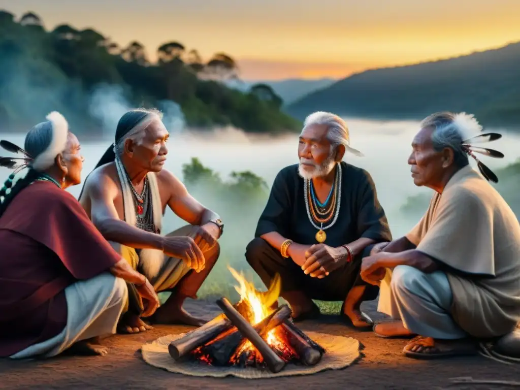 Grupo de ancianos indígenas preservando su cultura alrededor de la fogata en una sesión de historias tradicionales en la selva al atardecer