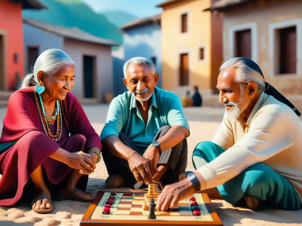 Grupo de ancianos indígenas disfrutando de juegos estrategia culturas tradicionales en plaza soleada