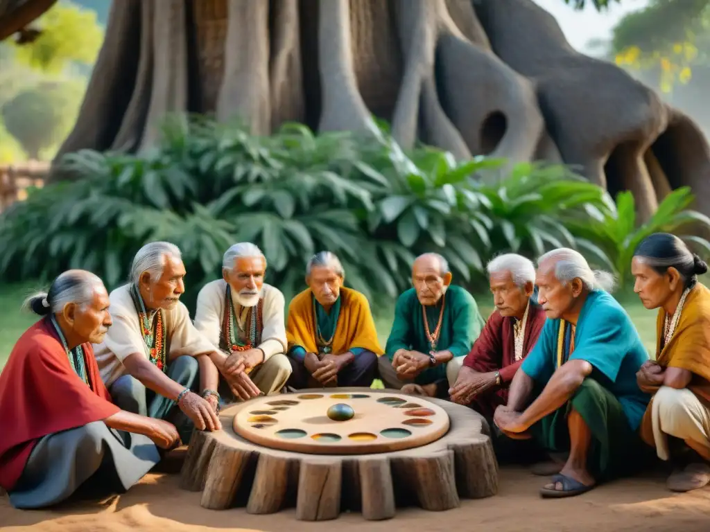 Un grupo de ancianos indígenas juega Mancala bajo un árbol ancestral, destacando la importancia de salvaguardar juegos ancestrales estrategias