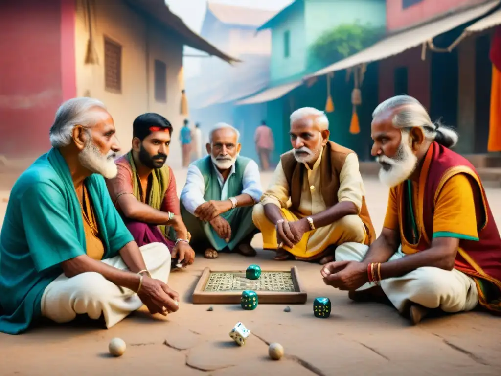 Grupo de ancianos indios concentrados en juego de dados tradicional