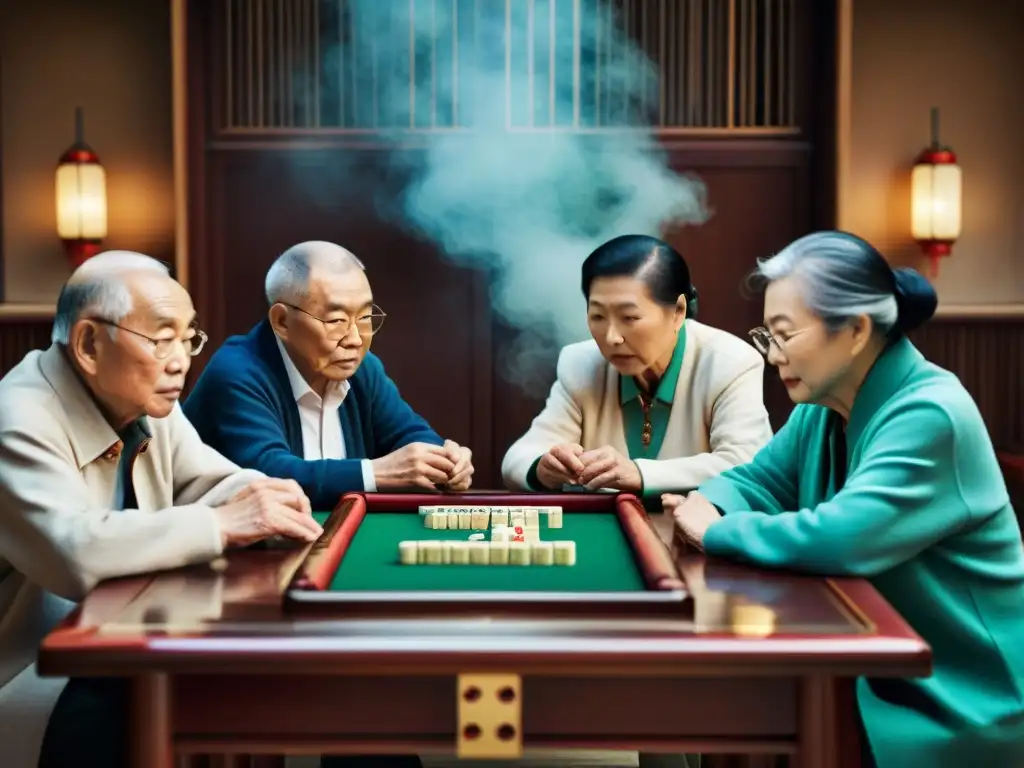 Un grupo de ancianos inmersos en una intensa partida de Mahjong, reflejando tradición y estrategia en un entorno chino tradicional