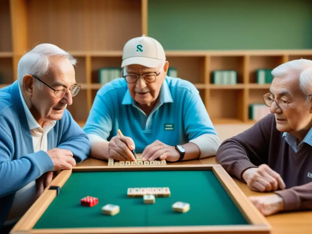 Un grupo de ancianos disfruta de una intensa partida de Scrabble en un centro comunitario, mostrando concentración y alegría